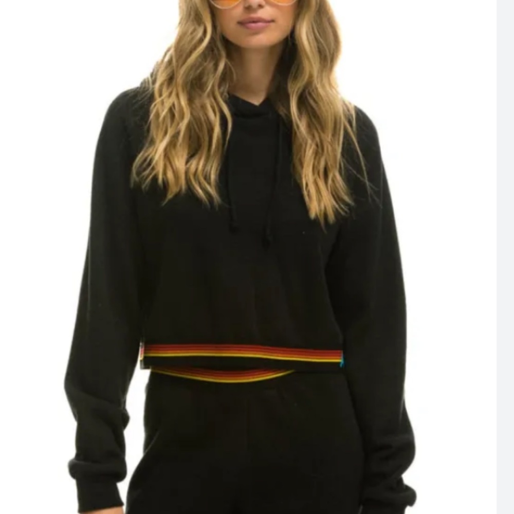 Aviator Nation Black Cropped Hoodie with Rainbow Detail